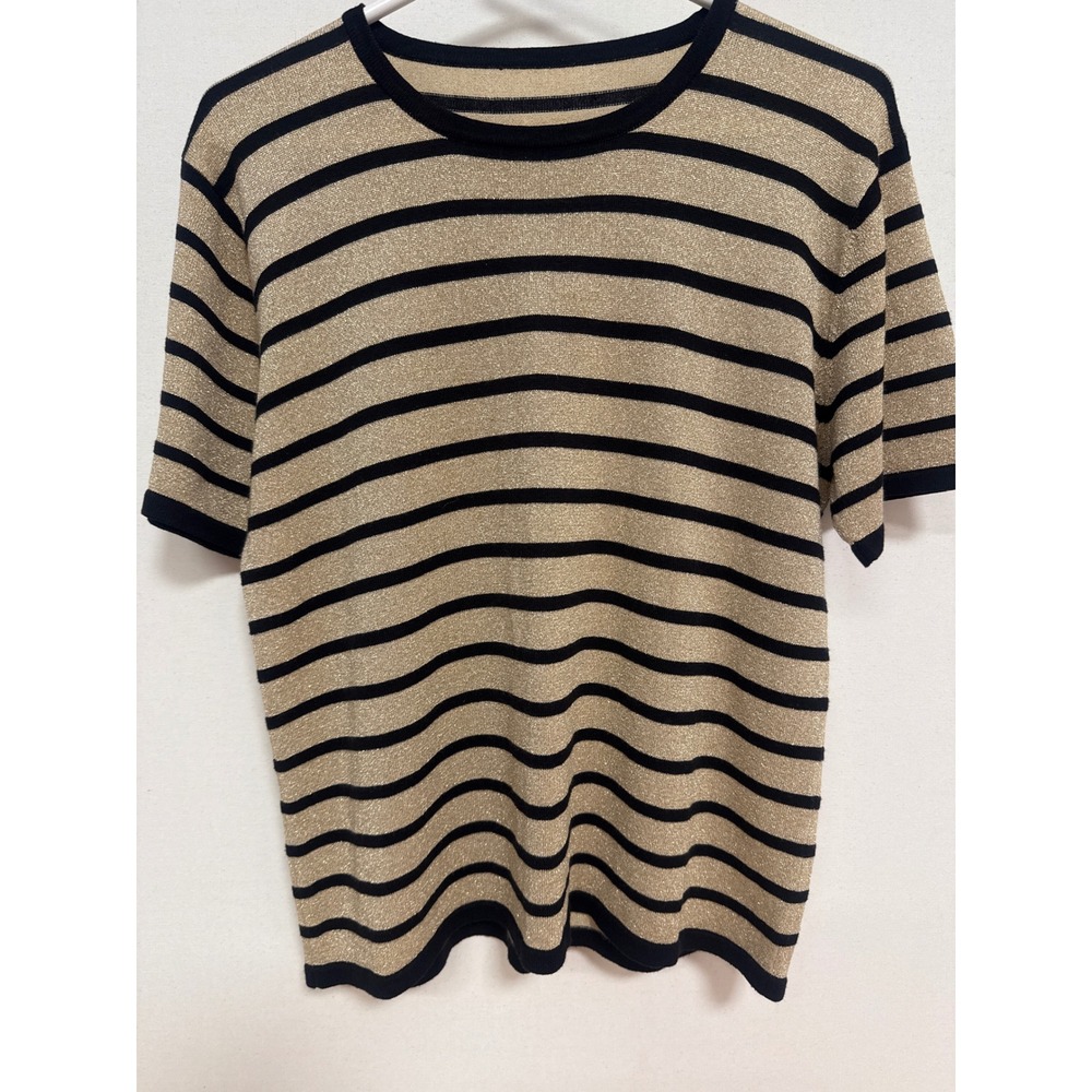 Metallic Gold and Black Striped Short Sleeve Knit Crewneck Top